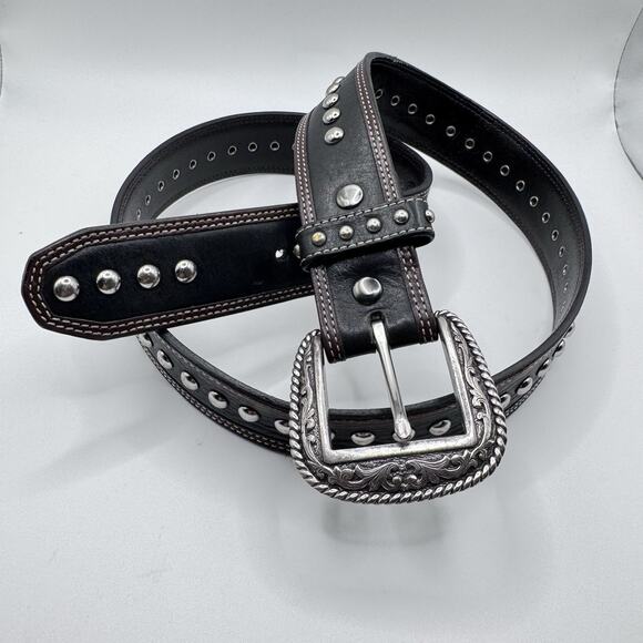 Ariat Limited Edition 2007 Black Brown Leather Studded Belt Metal Hardware 34/85 - Picture 1 of 16